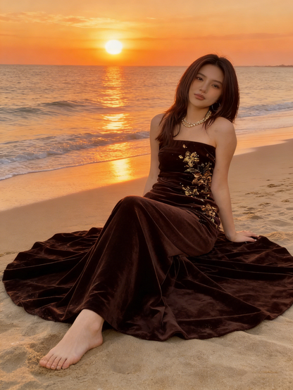 Vintage Strapless Brown Velvet Sequin Beaded Mermaid Party Dress Long Wedding Guest Dress D1860