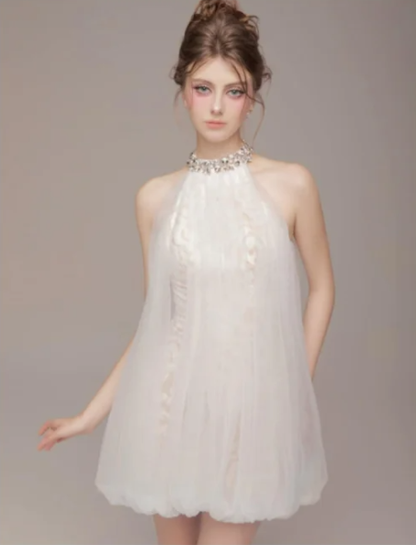 White halter neck temperament straight flower bud skirt short skirt homecoming dress R4807