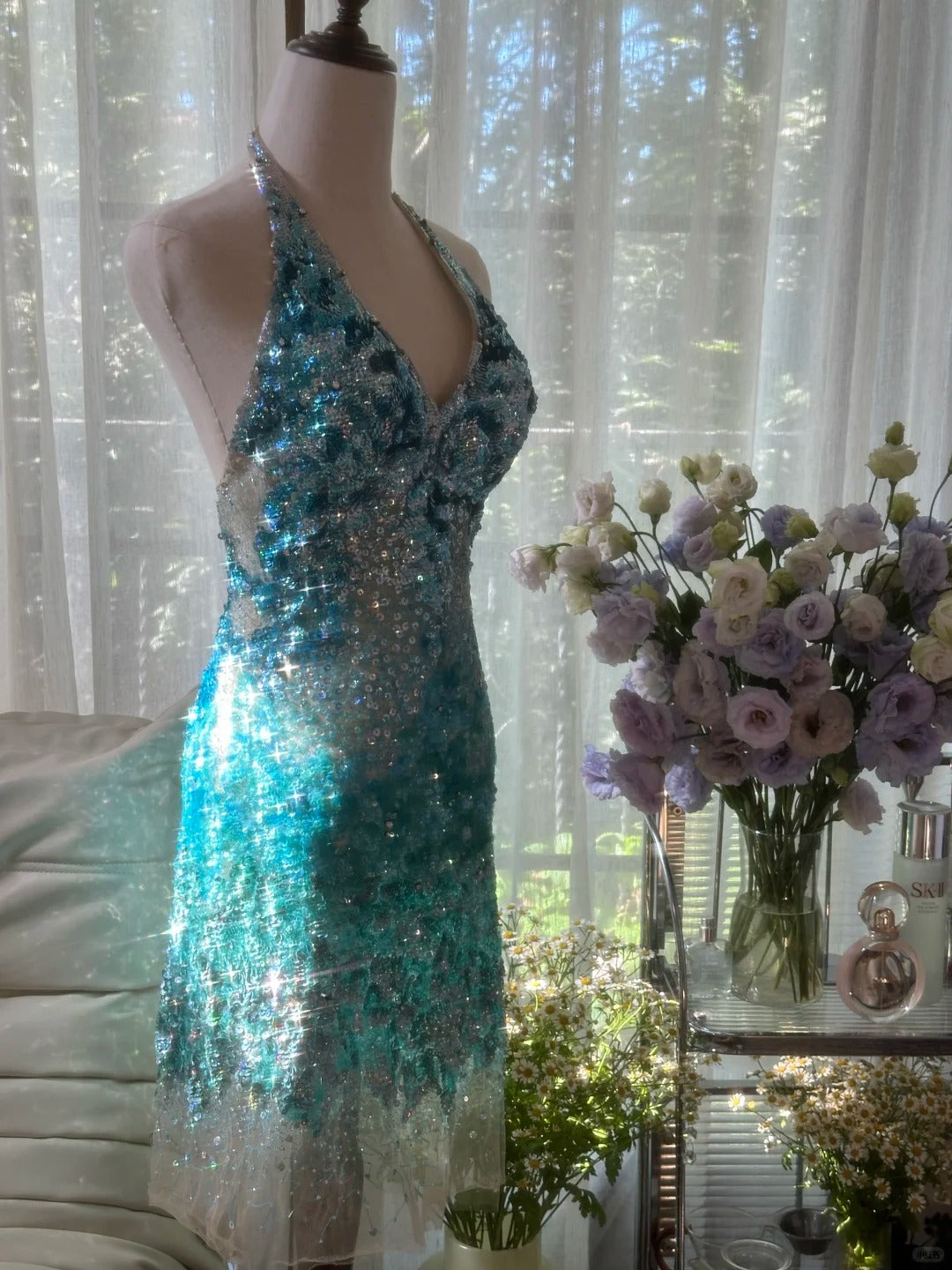 Shiny Homecoming Dress Halter Sequins Dress Back to School Outfits Party Dress  D6436