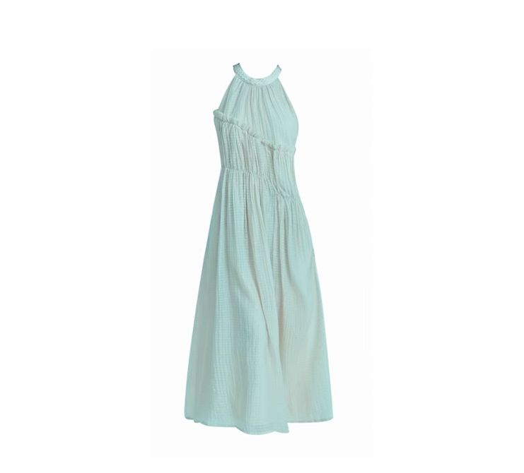 Small holiday style sleeveless halter dress new loose pleated large skirt mid-length skirt R0178