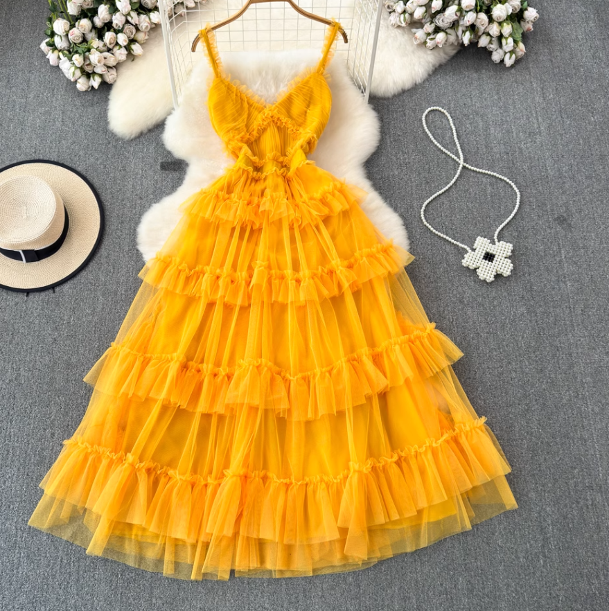 V-neck backless suspender dress waist a-line irregular mesh cake dress holiday long dress R0344