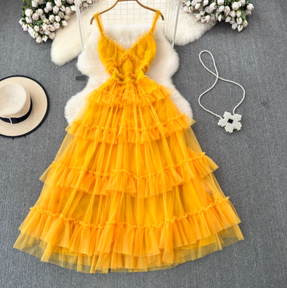 V-neck backless suspender dress waist a-line irregular mesh cake dress holiday long dress R0344