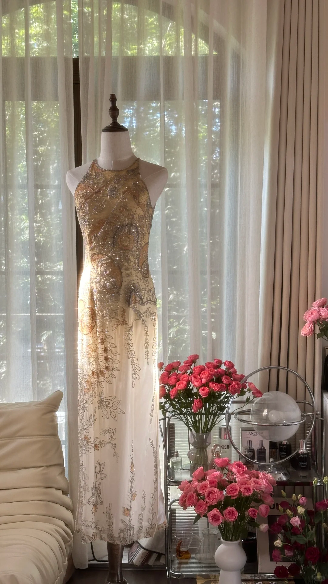 Retro Golden Sparkling Beaded Halter Dress Elegant Chiffon Evening Dress Prom Dresses D1493