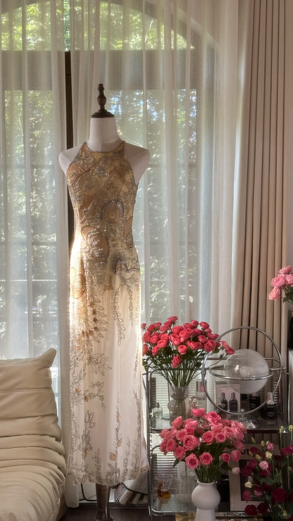 Retro Golden Sparkling Beaded Halter Dress Elegant Chiffon Evening Dress Prom Dresses D1493