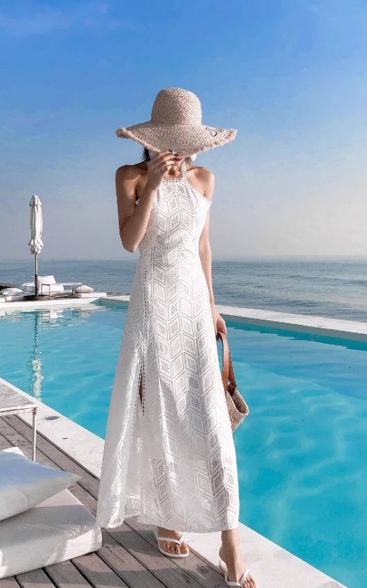Travel photography vacation super fairy split dress new sexy backless halter neck lace beach dress R0191