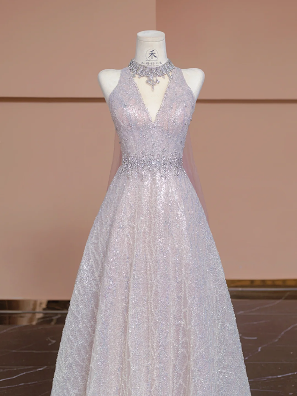 Light pink V-neck fitted A-line skirt rhinestone long ball gown/bridal dress R8292