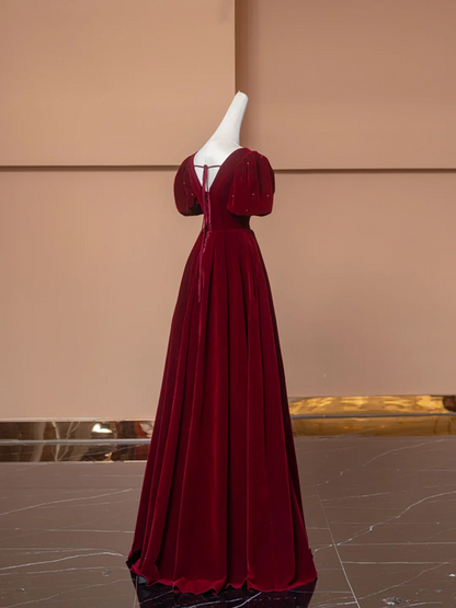 Red puff-sleeved V-neck fitted long ball gown/bridal dress R8497