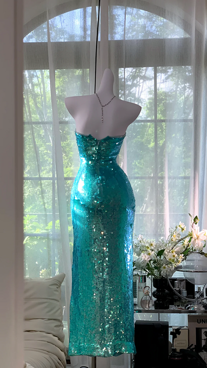 Lake blue strapless, fitted waist, sequined, bodycon long ball gown R7617