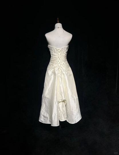 White tube top waist slim design pleated irregular mid-length skirt homecoming dress R4929
