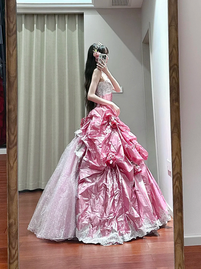 Pink strapless fitted waist slim-fitting ball gown/bridal dress R8625
