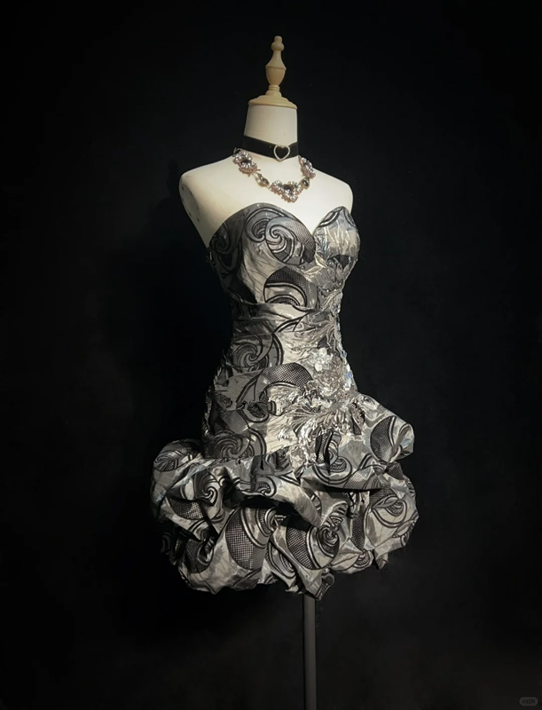 Gray design pattern tube top waist slim fit flower bud skirt short skirt homecoming dress R4970