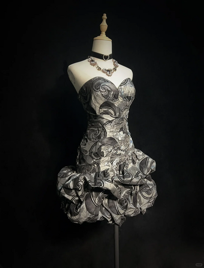 Gray design pattern tube top waist slim fit flower bud skirt short skirt homecoming dress R4970