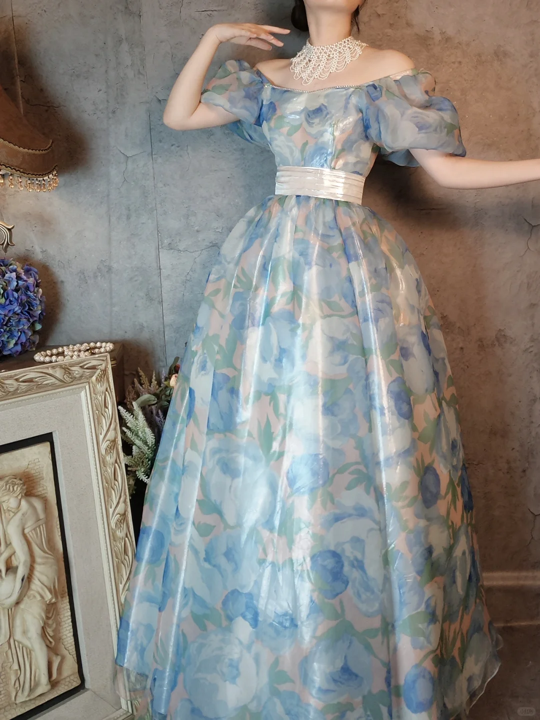 Retro Blue A-Line Printed Chiffon Long Evening Gowns Birthday Outfits, D1171