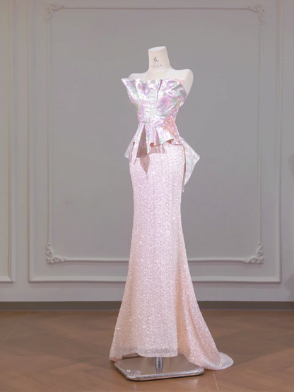 Light pink strapless, fitted, bodycon long ball gown/bridal dress R8262