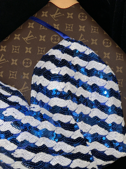Blue and white striped sequined halter neck sexy short ball gown R6981