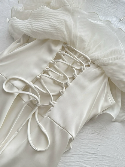 White off-the-shoulder ruffled maxi dress, fitted waist, ball gown R6223