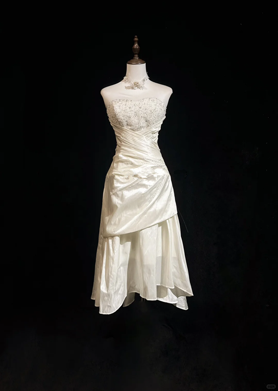 White tube top waist slim design pleated irregular mid-length skirt homecoming dress R4929