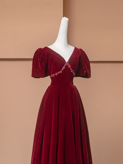 Red puff-sleeved V-neck fitted long ball gown/bridal dress R8497