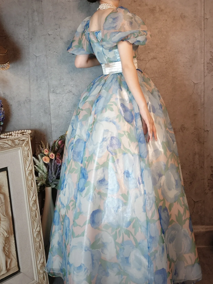Retro Blue A-Line Printed Chiffon Long Evening Gowns Birthday Outfits, D1171