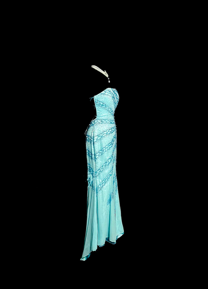 Light blue strapless beaded fitted long ball gown R6662