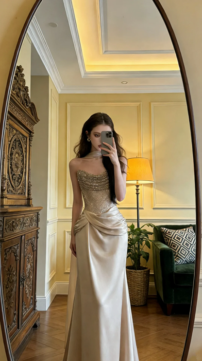 Light champagne-colored strapless fitted long ball gown, bridal dress R8594