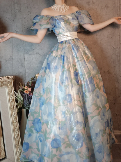 Retro Blue A-Line Printed Chiffon Long Evening Gowns Birthday Outfits, D1171