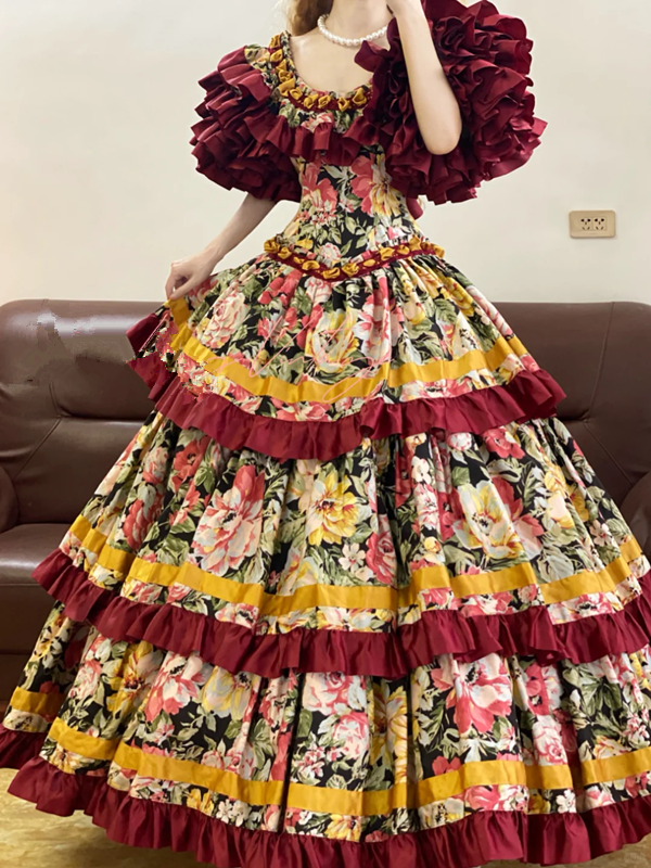 Red Retro Floral-Patterned Waist-Cinched Fitted Tiered-Hem Ball Gown, Bridal Gown R7335