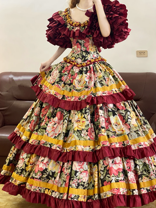 Red Retro Floral-Patterned Waist-Cinched Fitted Tiered-Hem Ball Gown, Bridal Gown R7335