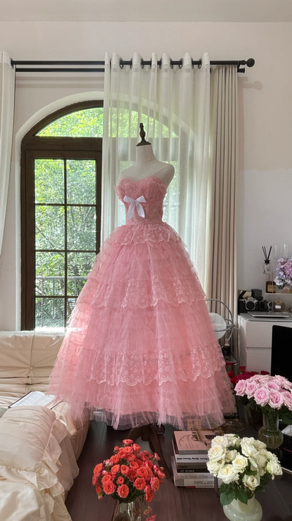 Pink strapless, fitted waist, puffy cake skirt, long ball gown R7768