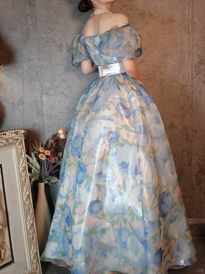 Retro Blue A-Line Printed Chiffon Long Evening Gowns Birthday Outfits, D1171