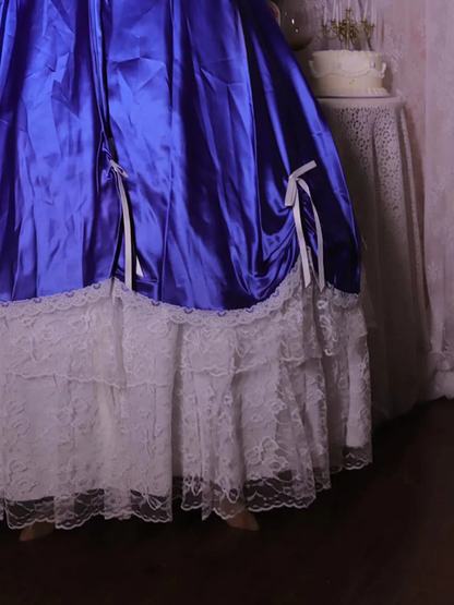 Blue square-neck floor-length ball gown with a cinched waist and slim fit; bridal gown R7294