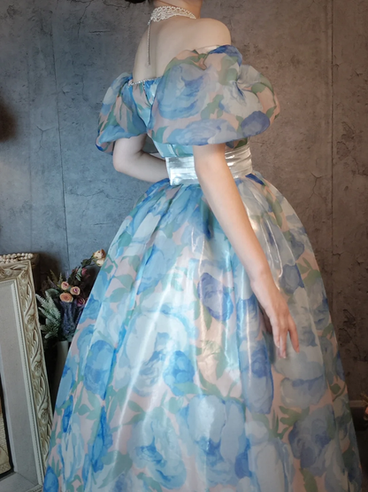 Retro Blue A-Line Printed Chiffon Long Evening Gowns Birthday Outfits, D1171