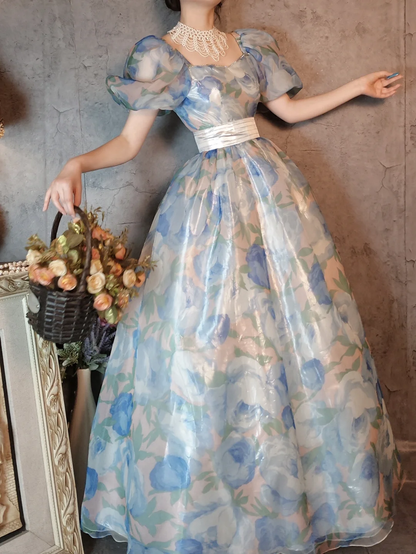 Retro Blue A-Line Printed Chiffon Long Evening Gowns Birthday Outfits, D1171