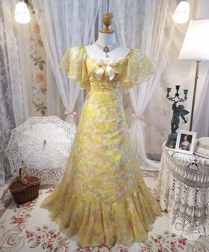 Yellow floral square neckline slim waist A-line dress, prom dress R5305