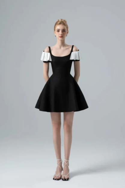 Black design suspenders one shoulder waist slim fit A-line big skirt short skirt homecoming dress R4808