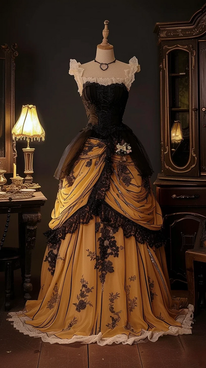 Black fitted bodice with gold tulle skirt, ball gown R8128