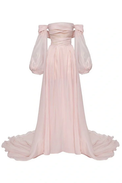 Light pink off-the-shoulder fitted long elegant ball gown, bridal dress R8564