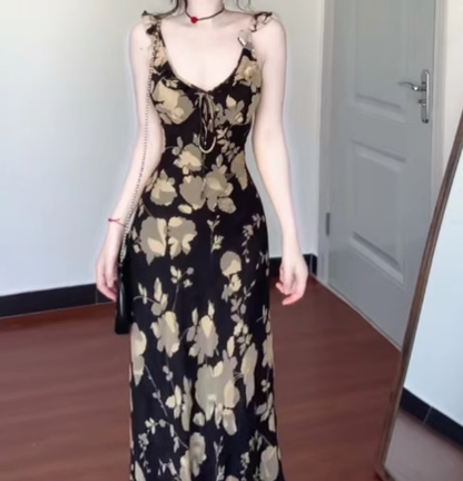 Retro floral suspender dress gentle temperament waist slim hip skirt R0649