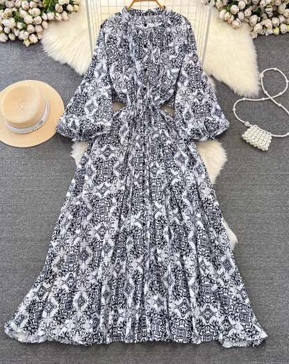 Fashion lantern long sleeve round neck waist a-line print irregular dress elegant long skirt R0404