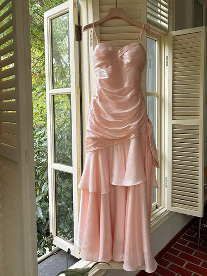 Pink Sweetheart Straps Mermaid Evening Dress, Pink Satin Long Prom Dress