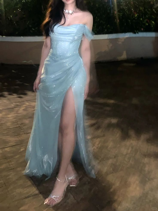 Shiny Baby Blue Off the Shoulder Satin Sequin Mermaid Slit Prom Dress Long Birthday Evening Dress SP1733