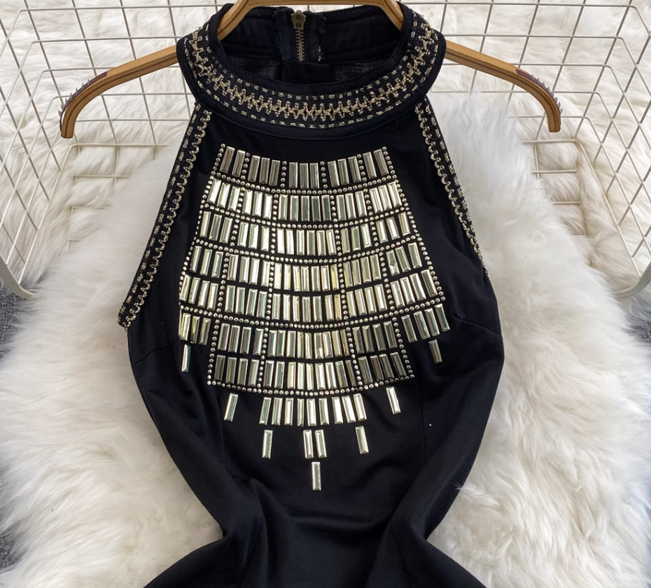 Black heavy ironing halter neck dress for women, slim fit, pure and sexy girl, short skirt R0384