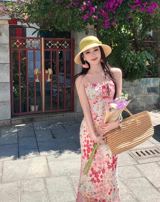 Women's French V-neck floral suspender dress waist and hip long skirt R0611