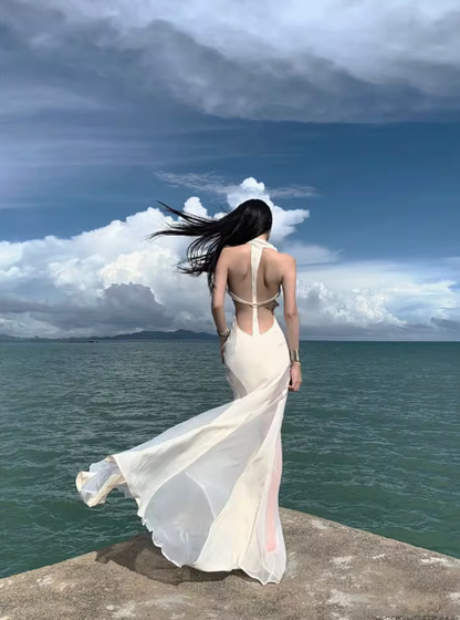 Sexy backless French style pure desire halter neck suspender dress white skirt at the seaside R0236