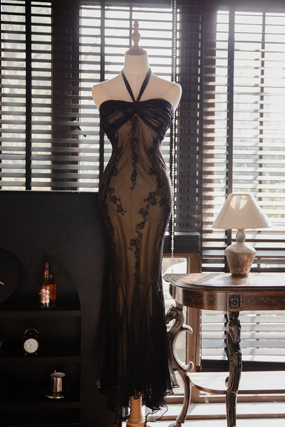 Vintage Black Applique Design Elegant Chiffon Evening Dress Prom Dress D1514