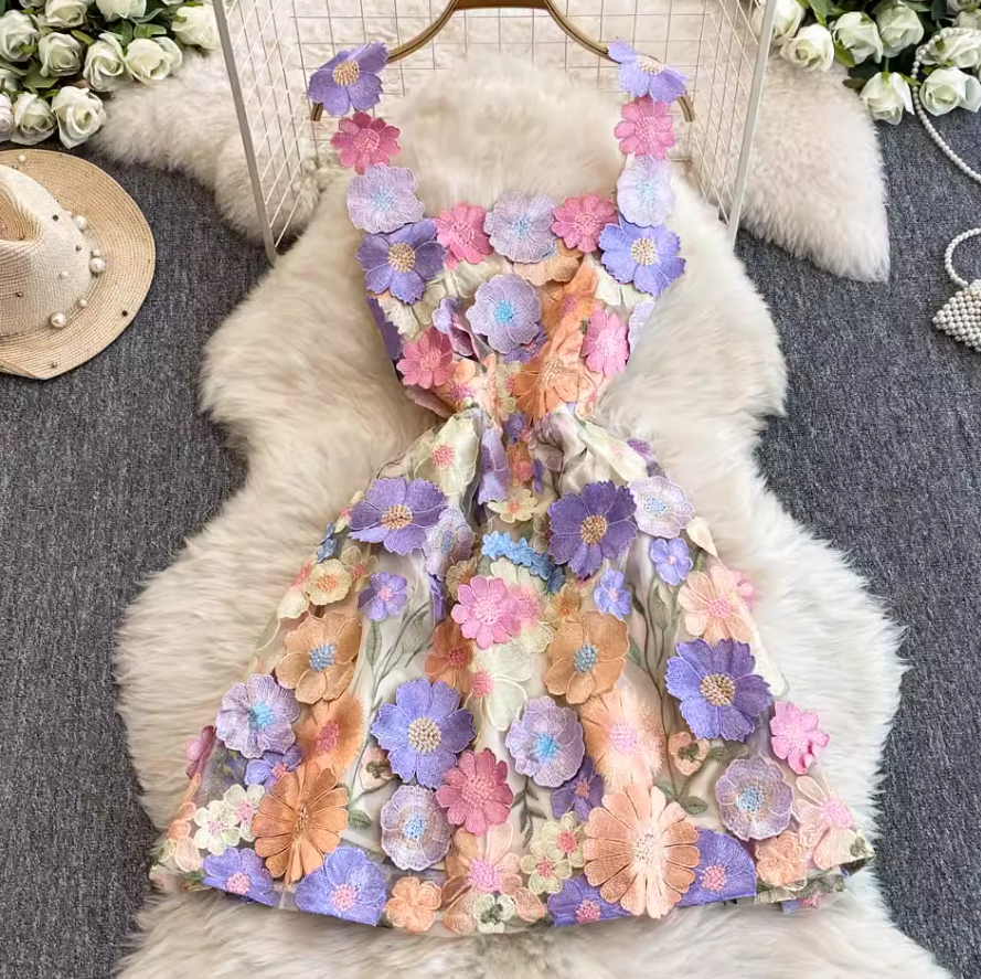 French mesh three-dimensional flower embroidery perspective waist dress suspenders dress short skirt R0323