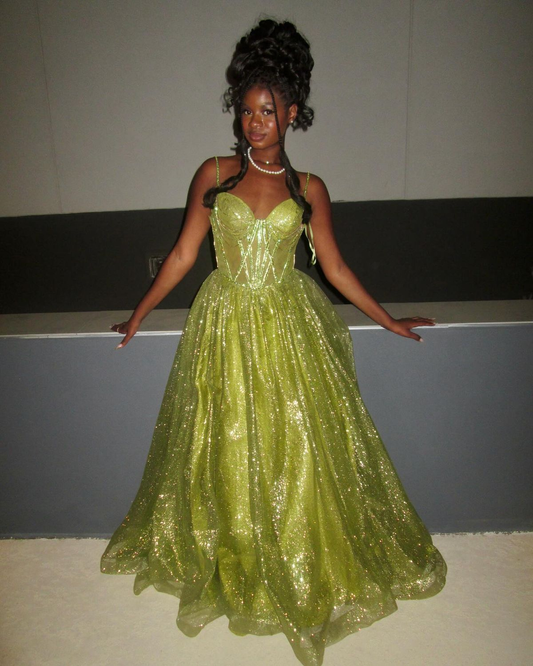 Sparkly Spaghetti Straps Green Tulle Sequin Long Party Dress Birthday Outfits D1362