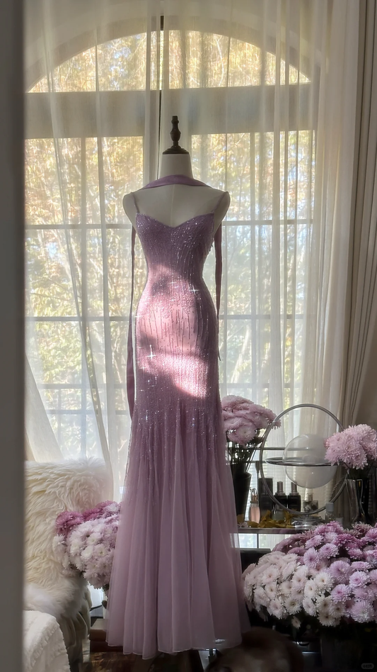 Lilac Spaghetti Straps Mermaid Beading Long Evening Dress Vintage Party Dress, D947