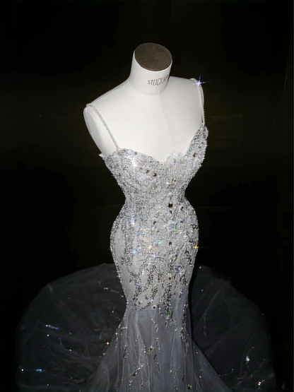 White suspender sequined diamond waist slim hip long skirt, prom dress R5632
