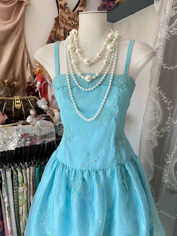 Lake blue halter-neck fitted long dress, ball gown R6303